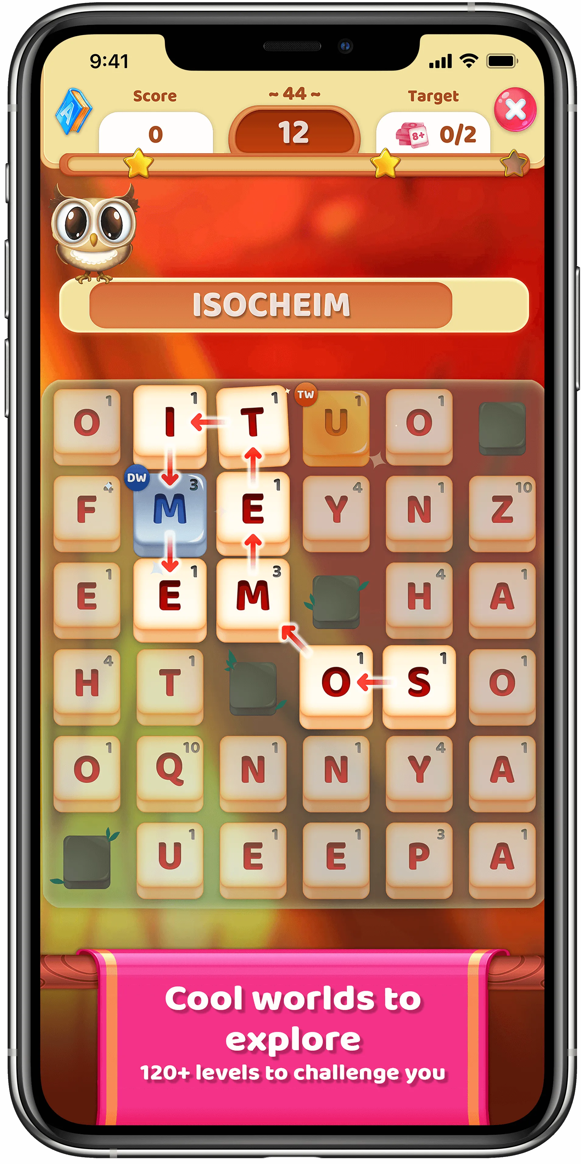 A framed screenshot of word game play in the App Owls and Vowels, A Mobile Game Developed in Sydney by Chaos Theory Games